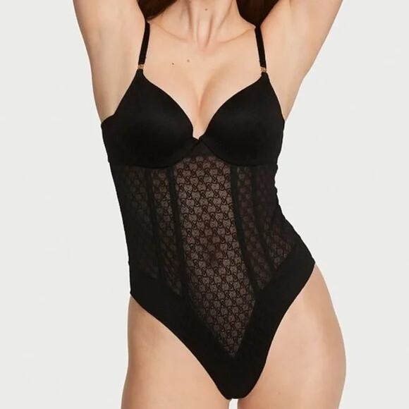 Victoria’s Secret Very Sexy Icon Black Push-Up Lace Teddy Bodysuit L - Picture 1 of 6